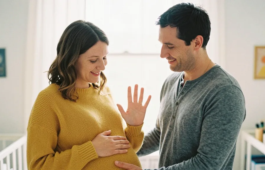 Werdendes Paar im Kinderzimmer, eine Hand liegt sanft auf dem Babybauch.