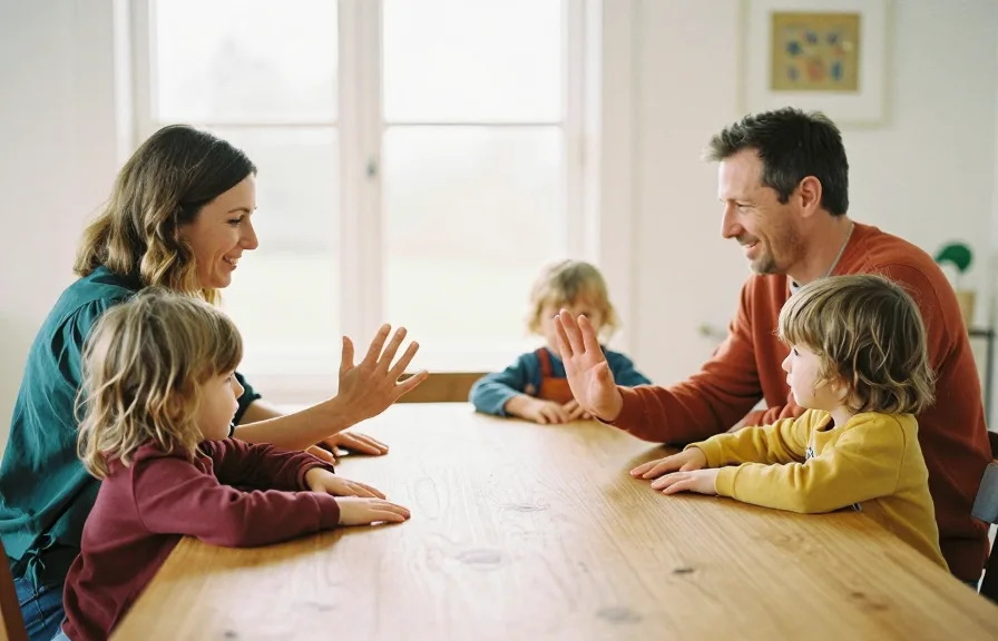 Familie mit zwei Kindern sitzt zusammen am Esstisch im hellen Zuhause.
