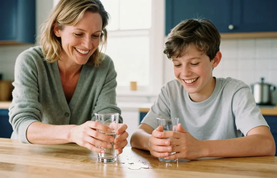 Junger Mann am Esstisch mit einem Wasserglas, alltägliche Situation zu Hause.