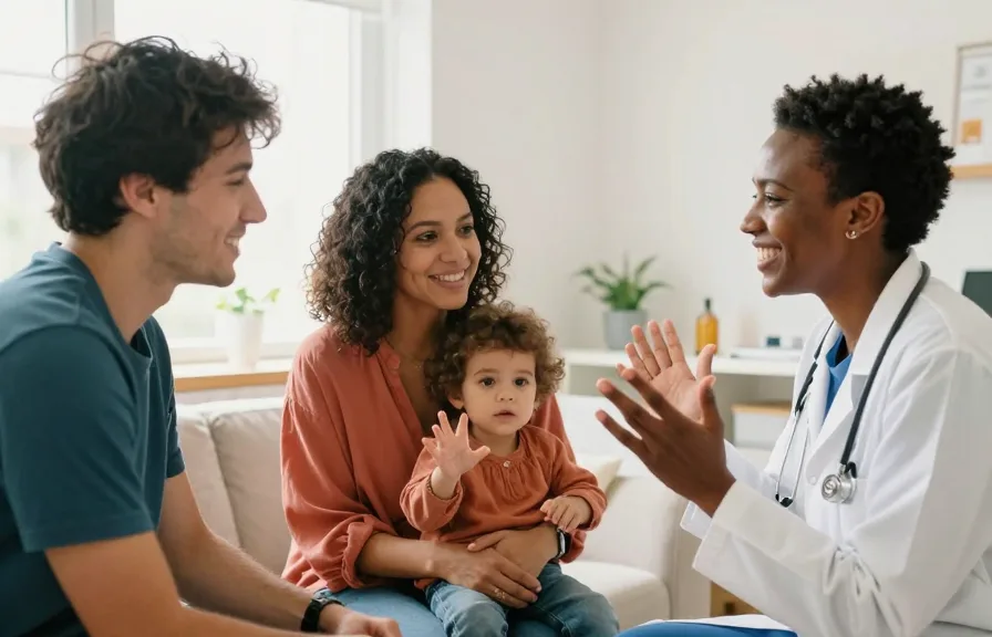 Familie mit Kind im freundlichen Gespräch mit einer ärztlichen Fachkraft in heller Praxis.